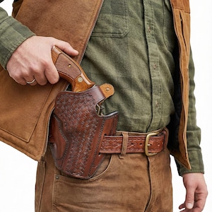 Funda de cuero para revólver BasketWeave para Ruger GP100 o SP101 Marrón