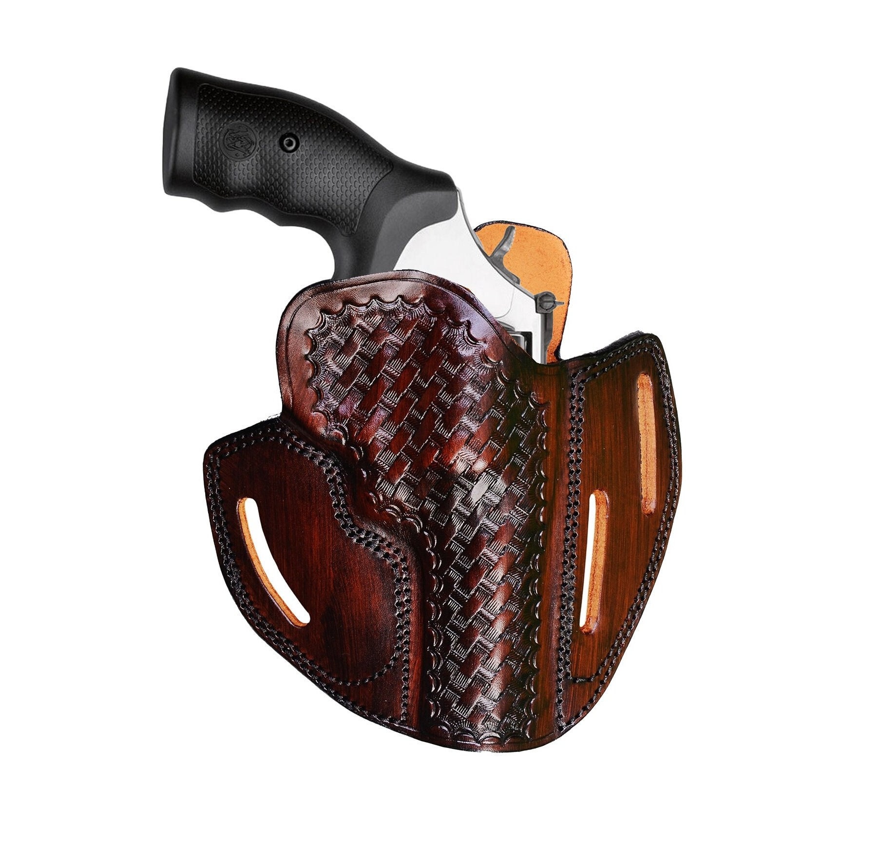 OWB Leather Holster Fits Colt King Cobra, Python .357 Magnum - 3 Slot Style - Basket Weave - Fast Draw