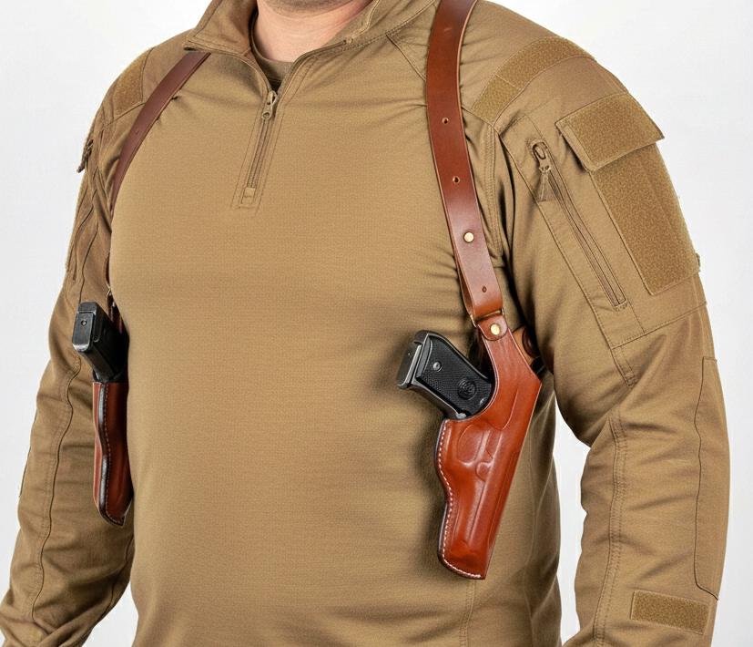 レザーダブルガンショルダーホルスター - 垂直姿勢 - 本革