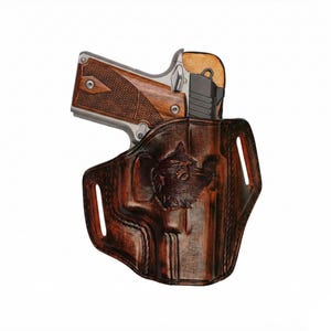 Fondina in pelle per Glock 17,19,21,26,30,42,43 - Realizzata a mano - MOTIVO LUPO - Vera pelle