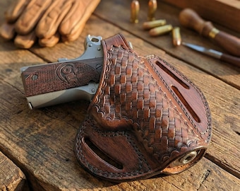 Leather Holster Fits Glock 17, 19, 21, 26, 27, 30, 42, 43, 43X - Genuine Leather - Basket Weave