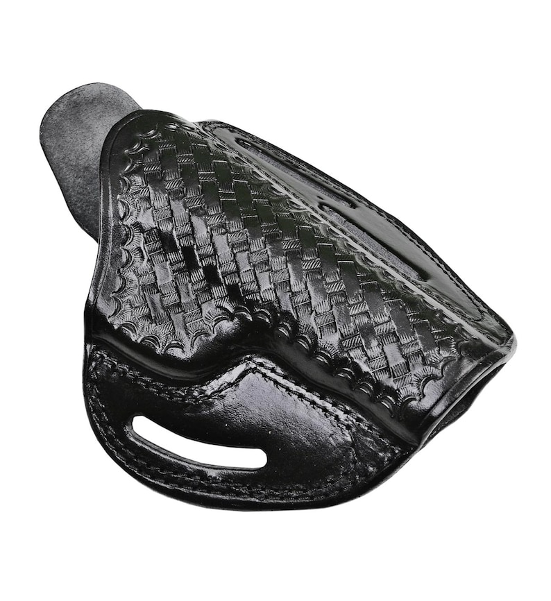 May include: Black leather holster with a woven pattern. The holster has a cut-out for a belt.
