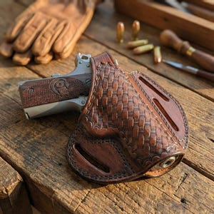 Leather Belt Holster For Springfield XD, XDS, XDM, 1911 - Basket Weave, Thumb Break