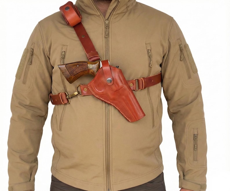 Leather Chest Holster Fits Ruger GP100, SP101 - SpeedLoader - Genuine Leather - Revolver Chest Holster image 5