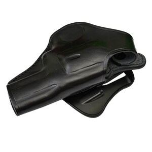 May include: A black leather holster for a handgun. The holster has a belt loop and a snap closure.