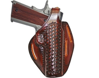 Leather Holster Fits Kimber Micro 9, 1911 .45 ACP - Genuine Leather - Basket Weave - Slot Style - Thumb Break