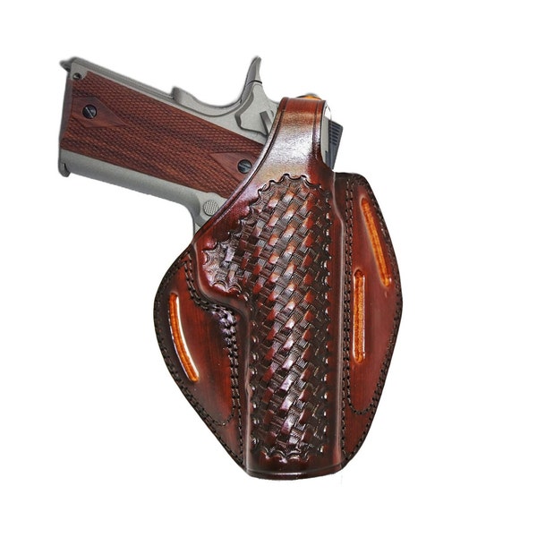 Leather Holster Fits Kimber Micro 9, 1911 .45 ACP - Genuine Leather - Basket Weave - Slot Style - Thumb Break