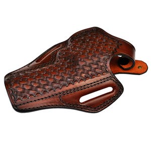May include: A brown leather holster with a basketweave pattern. The holster has a curved shape with a belt loop and a snap closure. The edges are stitched with dark thread.