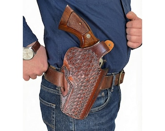 Gürtelholster aus Leder für Ruger SP100 oder SP101 - KorbWeave