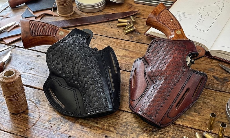 Funda de cuero para revólver BasketWeave para Ruger GP100 o SP101 imagen 2