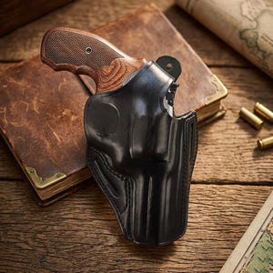 May include: A black leather holster containing a revolver with a textured brown wooden grip. The holster features moulded contours for the firearm, a single snap button closure, and a belt slot on the side, showcasing a structured design.