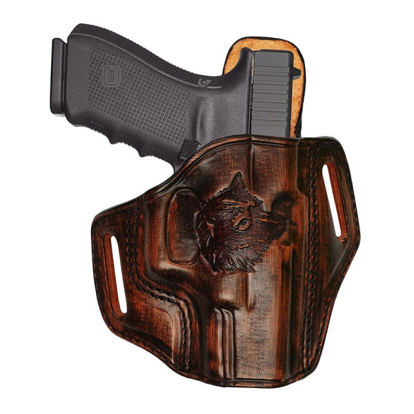 Kimber Micro 9 Leather Holster - Handcrafted - WOLF PATTERN - Genuine Leather