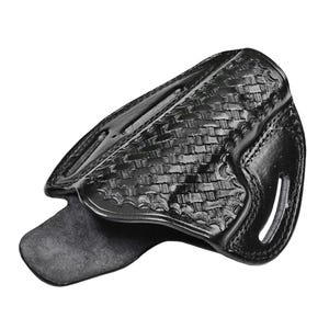 May include: A black leather holster with a woven pattern. The holster has a flap that covers the opening and a belt loop on the back.