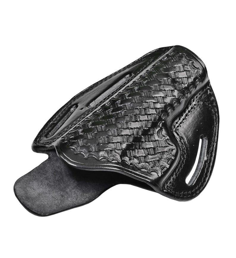 May include: A black leather holster with a woven pattern. The holster has a flap that covers the opening and a belt loop on the back.