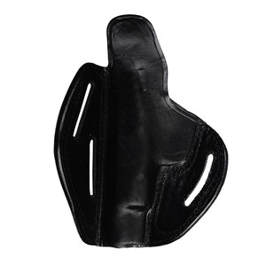 May include: Black leather holster with a smooth, textured finish. The holster has a cut-out design for easy access to the firearm.
