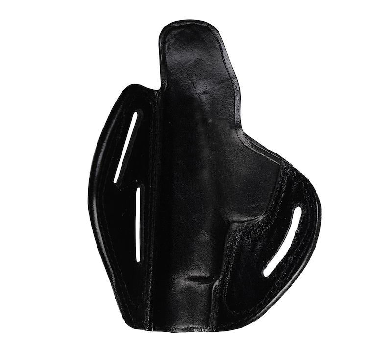 May include: Black leather holster with a smooth, textured finish. The holster has a cut-out design for easy access to the firearm.