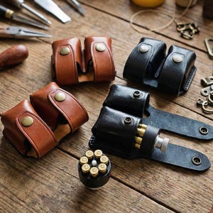 Speedloader Leather Belt Double Carrier, Revolver Magazine Case, Revolver 5-6 and 7 Bullet Pouch - Genuine Leather