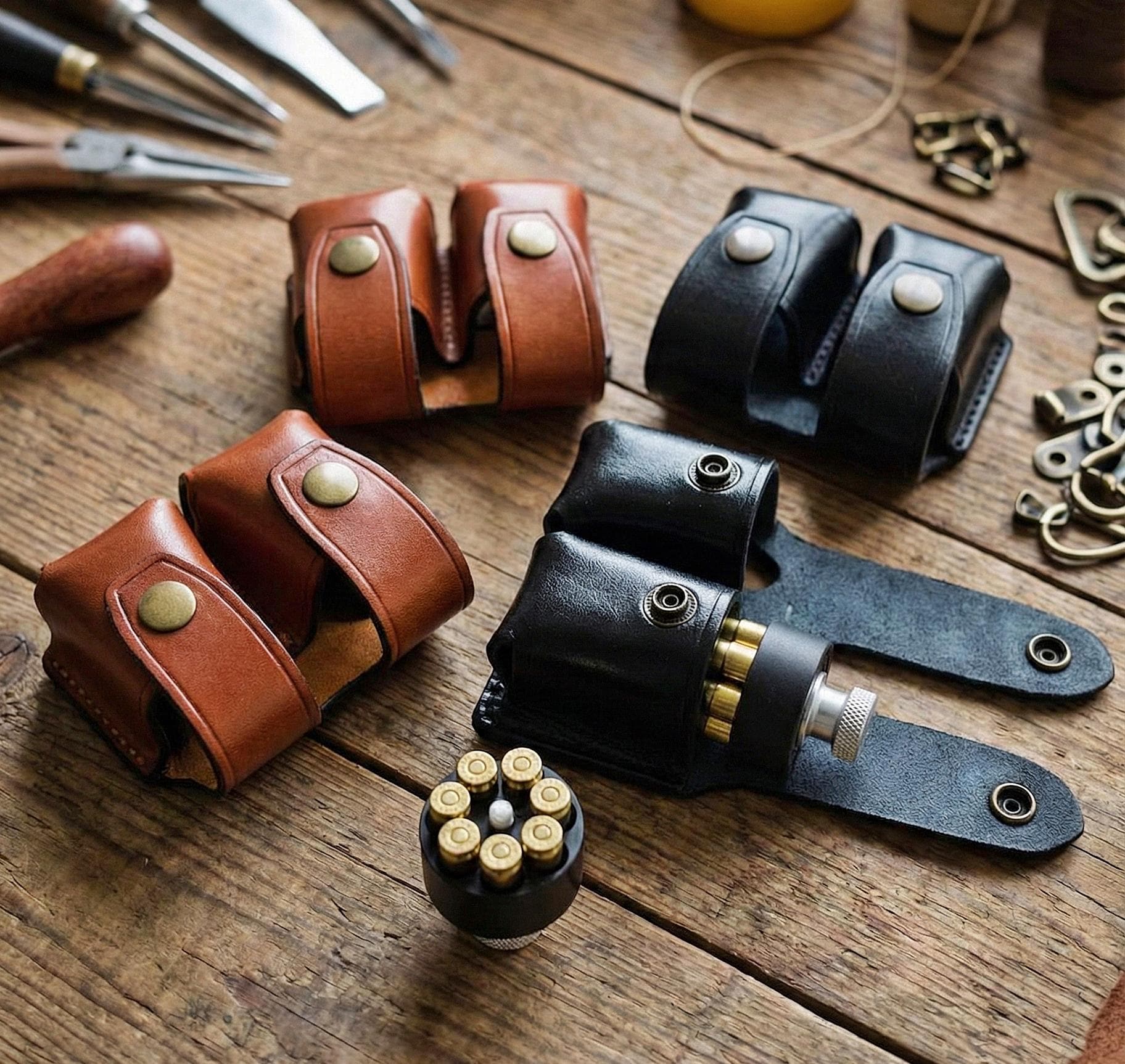 スピードローダー レザーベルト ダブルキャリア、リボルバーマガジン