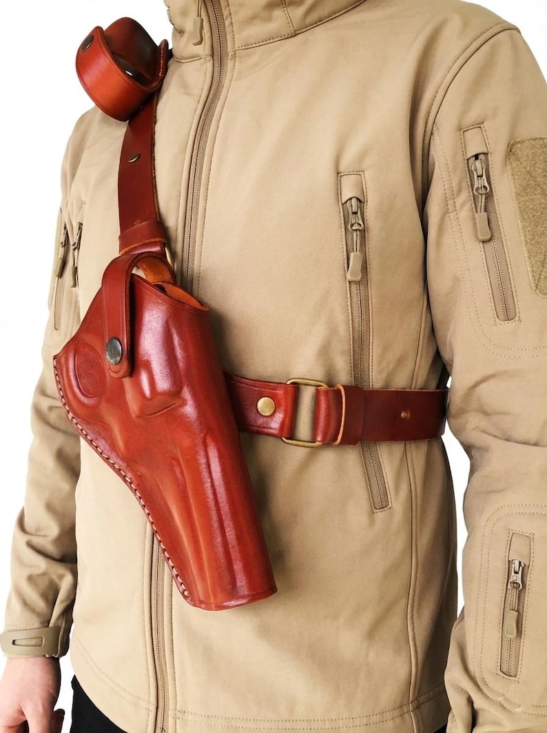 Leather Chest Holster Fits Ruger GP100, SP101 - SpeedLoader - Genuine Leather - Revolver Chest Holster image 6