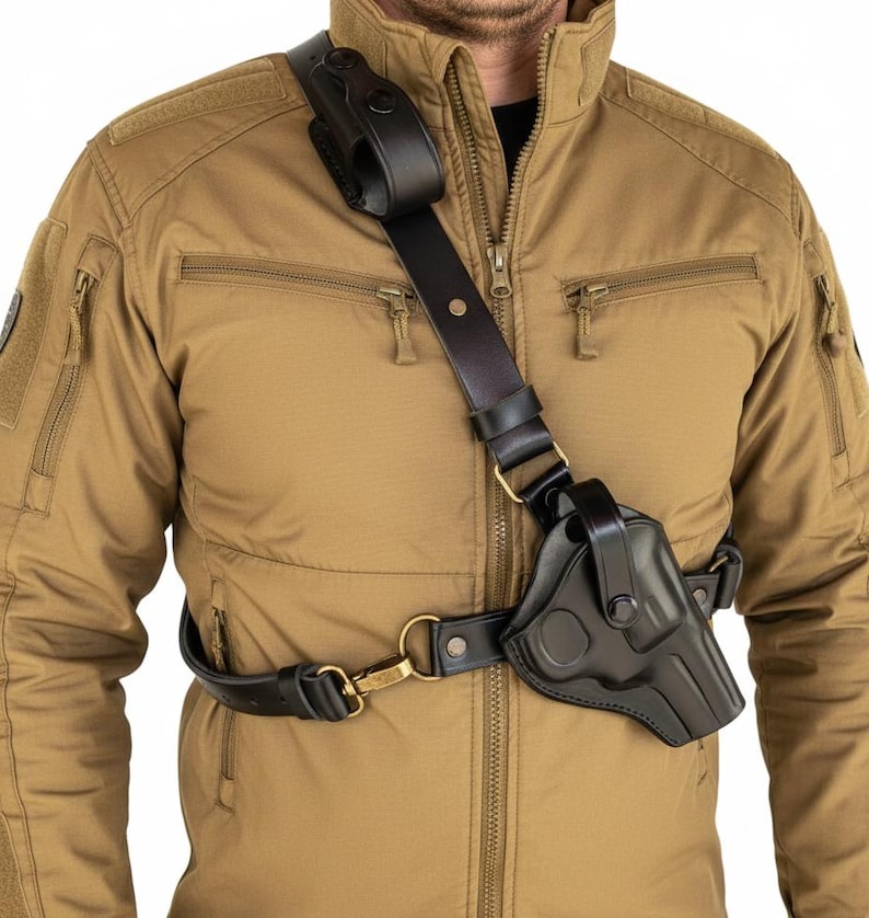 Leather Chest Holster Fits Ruger GP100, SP101 - SpeedLoader - Genuine Leather - Revolver Chest Holster image 2