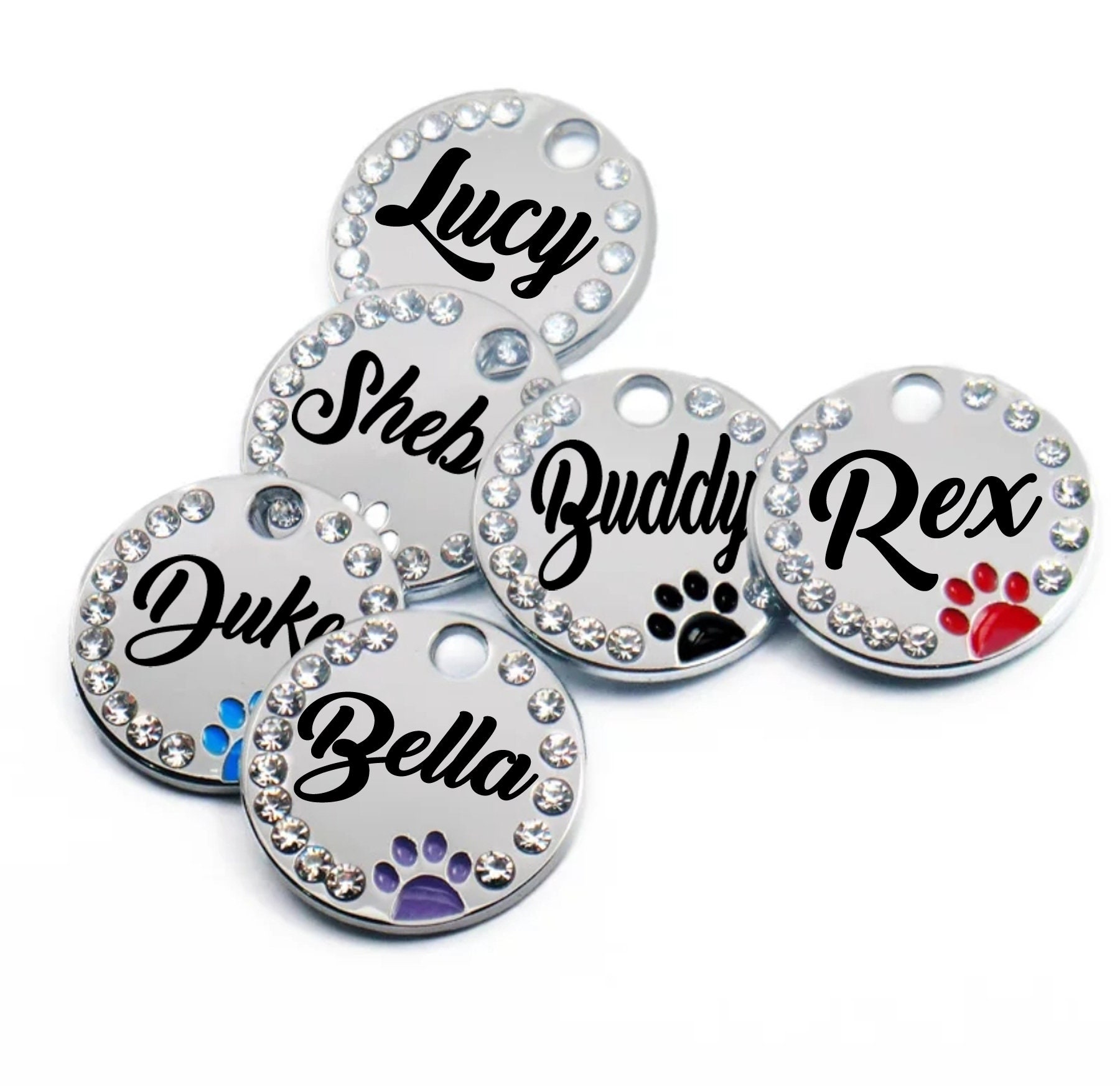 Engraved Custom Bling Dog ID Tag Rhinestone Dog Tag Round Paw Etsy