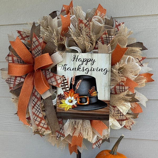 Thanksgiving Wreath, Fall Pilgrim Hat Wreath for front Door, Rustic Country Fall Harvest, Autumn Farmhouse Porch Decor, Give Thanks, Gift