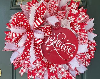 Red and White Christmas Wreath: Holiday Front Door Decor with Believe Sign