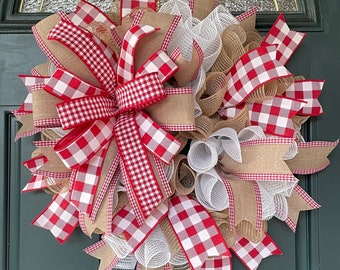 Farmhouse Wreath Red and White Check Picnic Wreath for front Door Rustic Country Grilling Decor Everyday Wreath Small Burlap Mesh Wreath