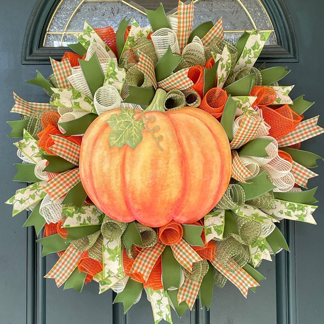 Fall Orange Pumpkin Mesh Wreath for Front Door Ivy Fall Wreath Rustic ...