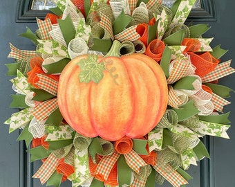 Fall Orange Pumpkin Mesh Wreath for Front Door, Ivy Fall Wreath, Rustic Country Decor, Burlap Pumpkin Decor, Fall Pumpkin, Gift, Farmhouse