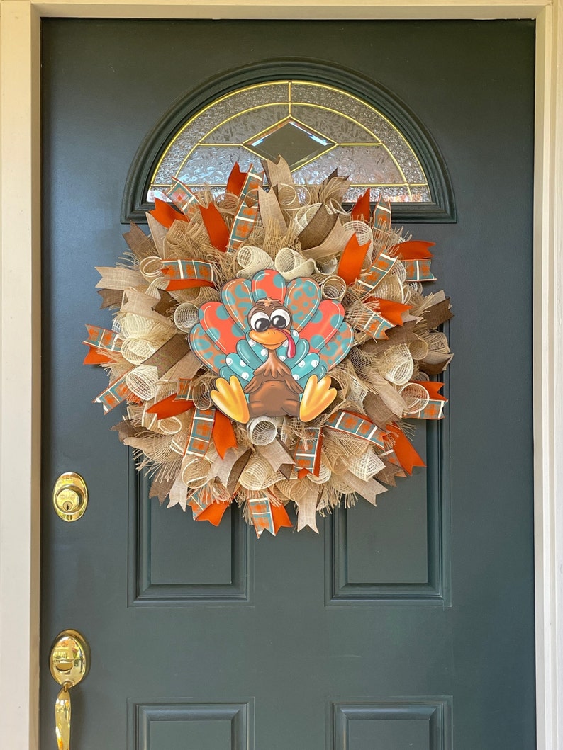 Fall Farmhouse Turkey Wreath for front Door, Thanksgiving Wreaths, Rustic Country Fall Mesh Wreath, Autumn Harvest Turkey Porch Decor, Gift image 5