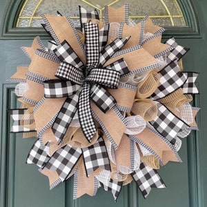 Neutral Farmhouse Buffalo Plaid Wreath for front Door, Rustic Country Winter Decor, Everyday Wreath, Buffalo Check Small Burlap Mesh Wreath