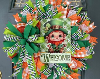 Leprechaun Door Wreath Welcome Sign Irish Decoration March Holiday Shamrock Ribbon Festive Design Green Entrance Lucky Charm Irish Welcome