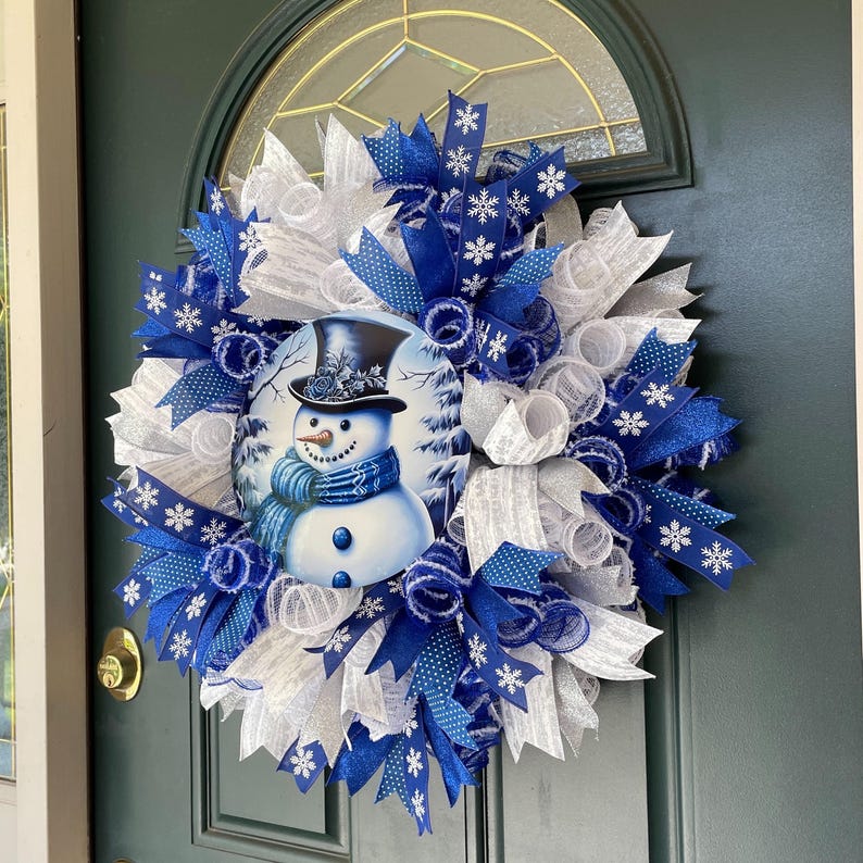 Whimsical Snowman Design Winter Door Wreath Royal Blue Mesh Material Large Size Decoration Christmas Holiday Display Festive Porch Entrance Decor Beautiful Snowflake Pattern Winter Welcome Sign Front Door Hanging Holiday Gift Idea Seasonal