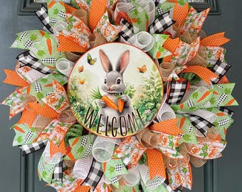 Spring Bunny Wreath Front Door Decor Farmhouse Country Rabbit Ribbon Decoration Easter Welcome Mesh Design Carrot Accent Large Statement