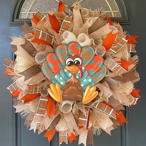 Fall Farmhouse Turkey Wreath for front Door, Thanksgiving Wreaths, Rustic Country Fall Mesh Wreath, Autumn Harvest Turkey Porch Decor, Gift image 1