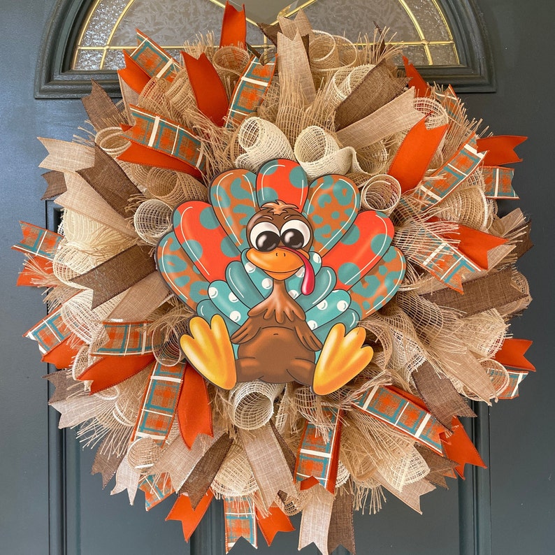 Fall Farmhouse Turkey Wreath for front Door, Thanksgiving Wreaths, Rustic Country Fall Mesh Wreath, Autumn Harvest Turkey Porch Decor, Gift image 1
