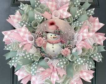 Large Snowman Wreath Winter Decoration Front Door Holiday Decor Christmas Porch Seasonal Accent Mesh Design Whimsical Style Pastel Color