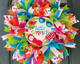 Vibrant Hello Summer Mesh Wreath for Front Door