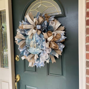 Large Mesh Wreath Neutral Winter Design Beige White Smoke Blue Colors Woodland Christmas Decoration Farmhouse Door Display Holiday Entryway Decor Religious Seasonal Arrangement Church Entrance Piece Front Porch Welcome Subtle Elegant Style