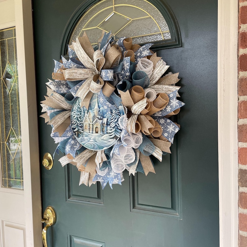 Large Mesh Wreath Neutral Winter Design Beige White Smoke Blue Colors Woodland Christmas Decoration Farmhouse Door Display Holiday Entryway Decor Religious Seasonal Arrangement Church Entrance Piece Front Porch Welcome Subtle Elegant Style