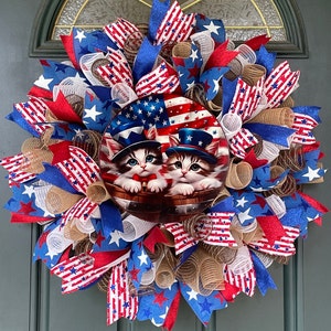 Patriotic Cat Wreath: 4th of July Summer Front Door Decor