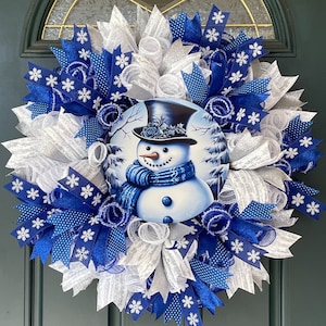 Winter Snowman Mesh Wreath for Front Door, Christmas Wreath, Front Porch Decor, Gift, Whimsical Snowman, Snowflake Ribbon, Large Mesh Wreath