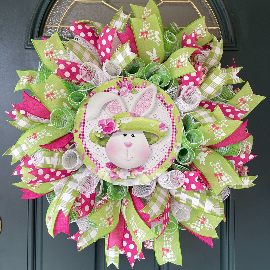 Whimsical Easter Bunny Wreath Spring Welcome Wreath for Front Door Lime ...