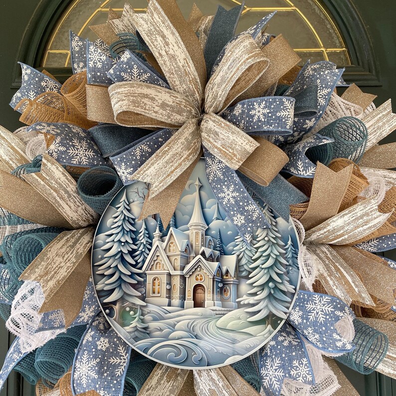 Neutral Christmas Wreath Winter Woodland Farmhouse Door Decoration Church Entrance Holiday Decor Religious Beige Large Mesh Entryway bild 6