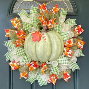 Fall Green Pumpkin Mesh Wreath for Front Door, Rustic Country Decor, Hello Fall Wreath, Burlap Pumpkin Decor, Fall Pumpkin, Gift, Fall Rust