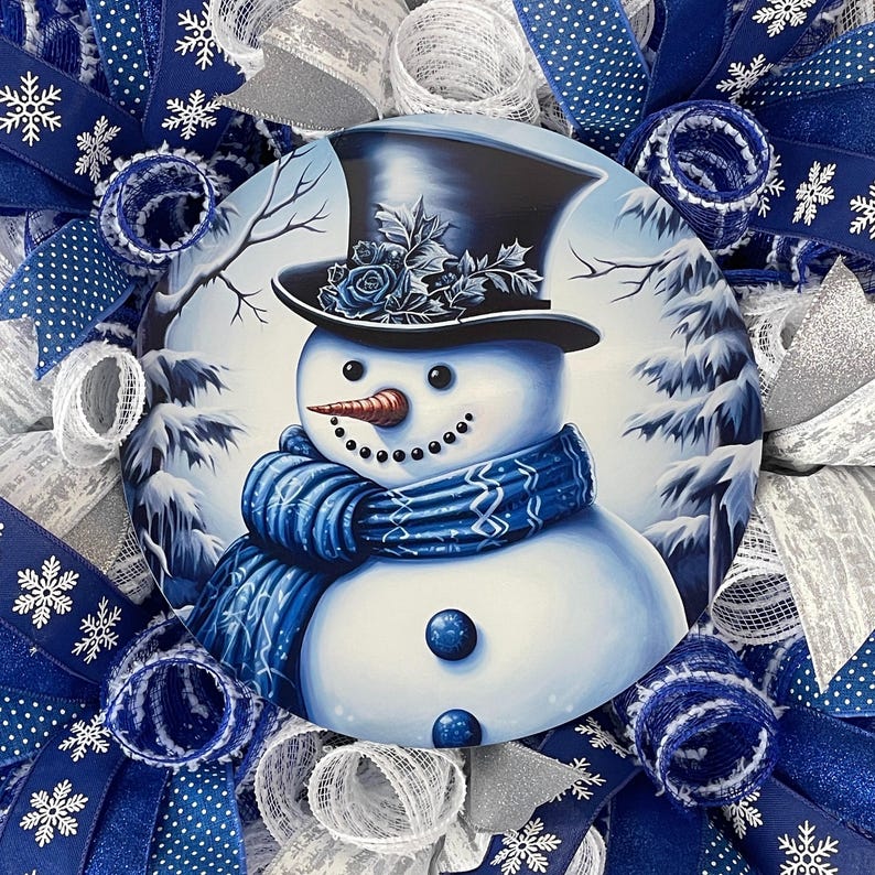 Winter Snowman Wreath Blue Mesh Door Decoration Christmas Porch Entrance Decor Whimsical Holiday Gift Large Size Royal Snowflake Design bild 8