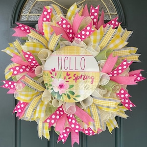 Spring Wreath, Hello Spring Wreath for Front Door, Easter Door Decor, Floral Mesh Wreath, Yellow Buffalo Check, Mother’s Day Gift