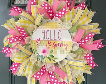Spring Wreath, Hello Spring Wreath for Front Door, Easter Door Decor, Floral Mesh Wreath, Yellow Buffalo Check, Mother’s Day Gift