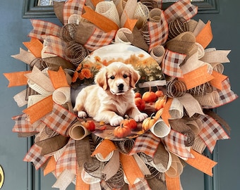 Handmade Fall Dog Wreath: Pumpkin Patch Puppy Front Door Decor